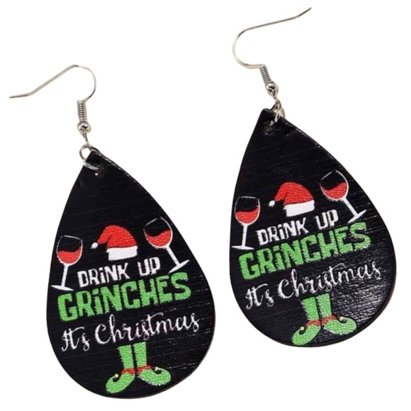 Jewelry - Drink up Grinches It’s Christmas! Holiday Teardrop Pleather Earrings